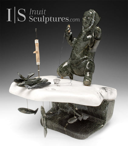 10" Eskimo Fisherman on Ice by Henry Ainalik *Waiting With Baited Breath*