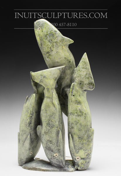 12" Pale Green School of Char Fish with Inlaid Eyes by Kakee Ningeosiak