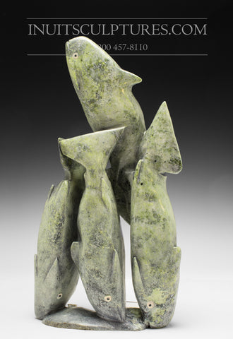 12" Pale Green School of Char Fish with Inlaid Eyes by Kakee Ningeosiak